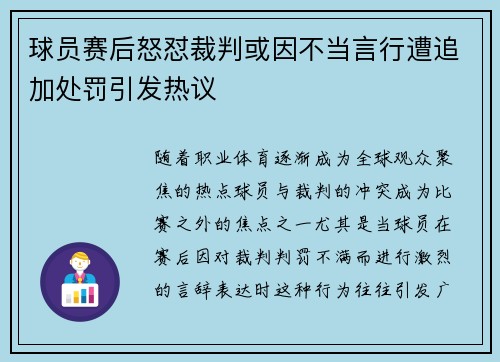 球员赛后怒怼裁判或因不当言行遭追加处罚引发热议