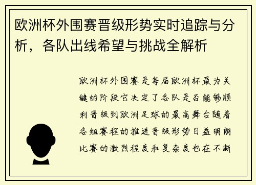 欧洲杯外围赛晋级形势实时追踪与分析，各队出线希望与挑战全解析