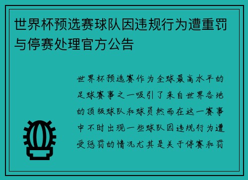 世界杯预选赛球队因违规行为遭重罚与停赛处理官方公告