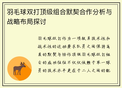 羽毛球双打顶级组合默契合作分析与战略布局探讨