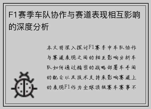 F1赛季车队协作与赛道表现相互影响的深度分析
