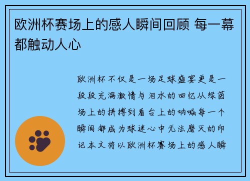 欧洲杯赛场上的感人瞬间回顾 每一幕都触动人心