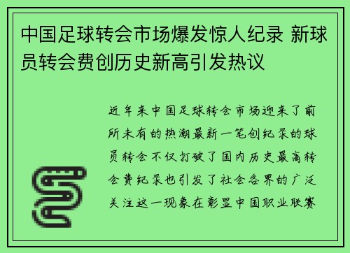 中国足球转会市场爆发惊人纪录 新球员转会费创历史新高引发热议 中国足球转会市场爆发惊人纪录 新球员转会费创历史新高引发热议